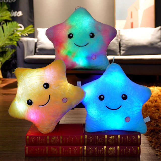Almohada de estrella de cinco puntas de dibujos animados transfronterizos, juguete de peluche de estrella luminosa colorida, adornos de almohada luminosos