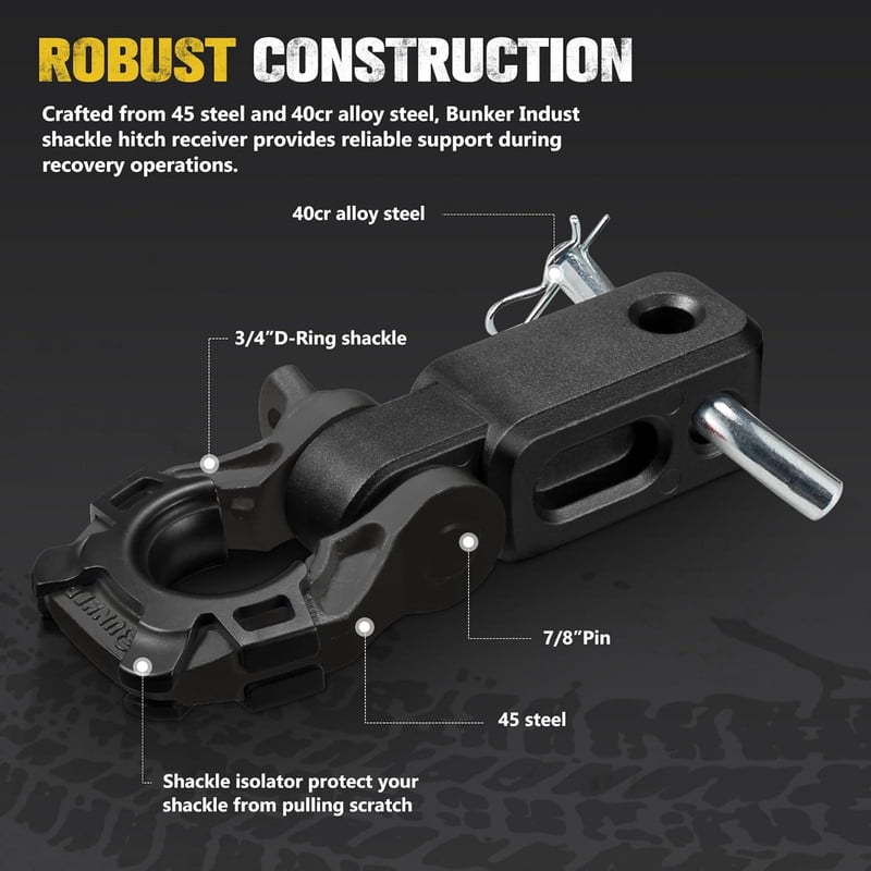 BUNKER INDUST 3/4" D Ring Shackle Hitch Receiver with Trailer Hitch - Fits 2" Receivers, Offroad Recovery Towing Accessories for Trucks, Jeep, Pickup, Black