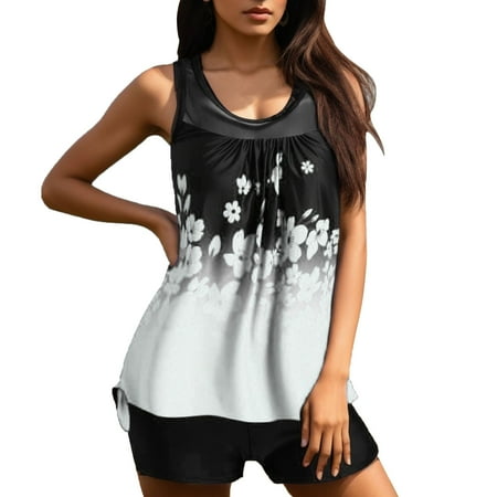 Women s Tankini Swimsuits Two Piece Floral Printed Tank Top With Boyshorts Suits Full Coverage Modest Bathing Suit For Women Swim Suits White XXXL