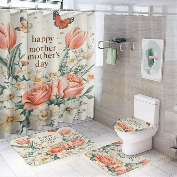 Happy Mother's Day 4 Pcs Shower Curtain Set with Rug Bathroom Sets with Waterproof Fabric And Non-Slip Rugs Toilet Lid Cover Bath Mat Decor with Hooks
