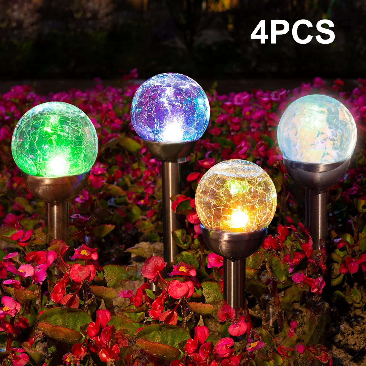 2/4Pcs LED Solar Ball Lights Waterproof Outdoor Garden Crackle Globe Stake Lamps 