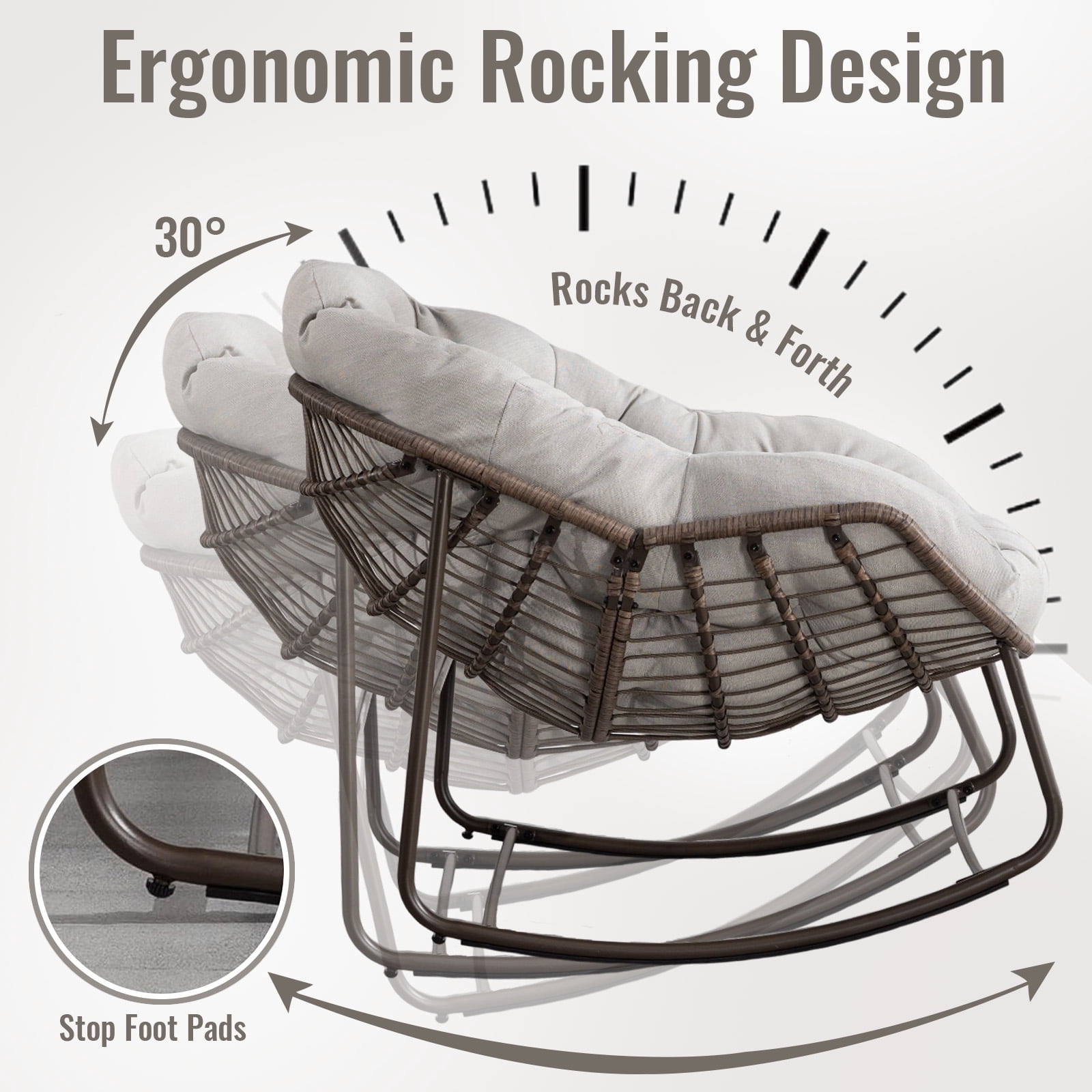 Indoor/Patio Rocking Chair, Oversized Rattan Egg Chair with Steel Frame & Padded Cushion