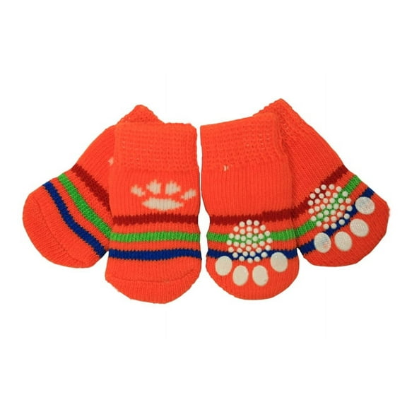 Orange Pawprint Strip Anti-Slip Dog Socks Clean Comfy Paws Pets Cat Puppy 4 pcs