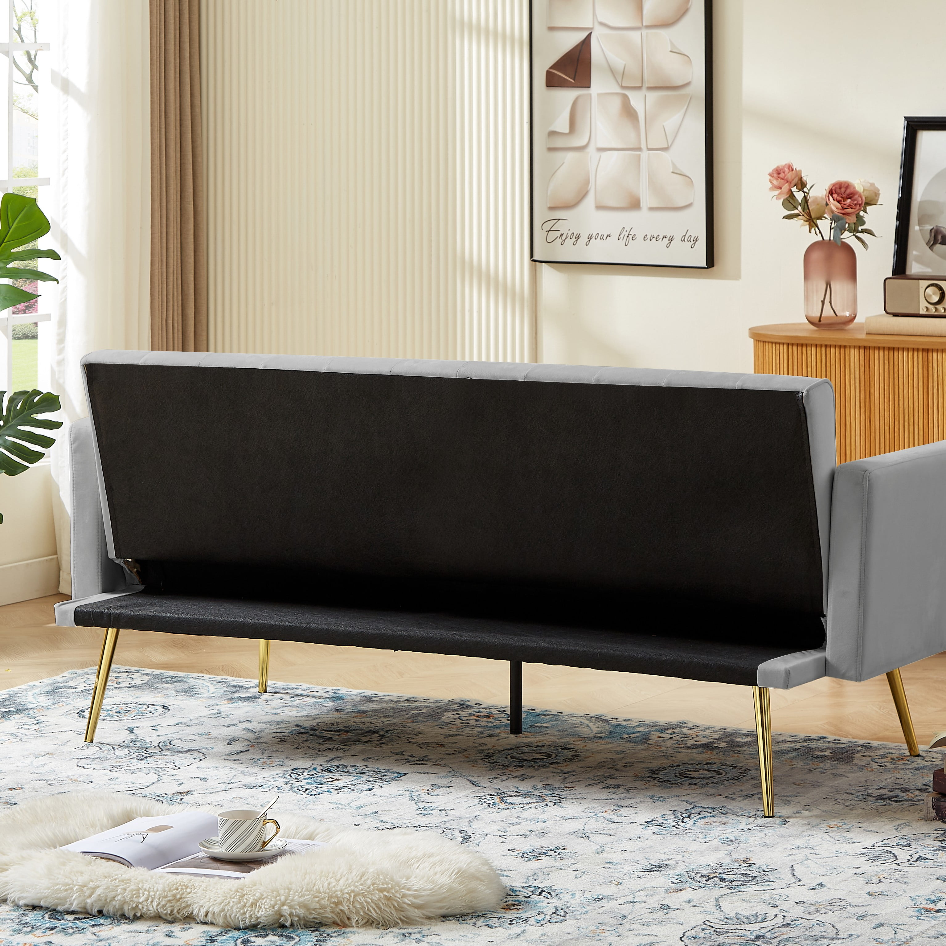 Bianlte Modern Velvet Futon Sofa Bed,Convertible Sleeper Sofa Couch with 3 Adjustable Couch Loveseat with Metal Leg for Living Room and Bedroom,Gray