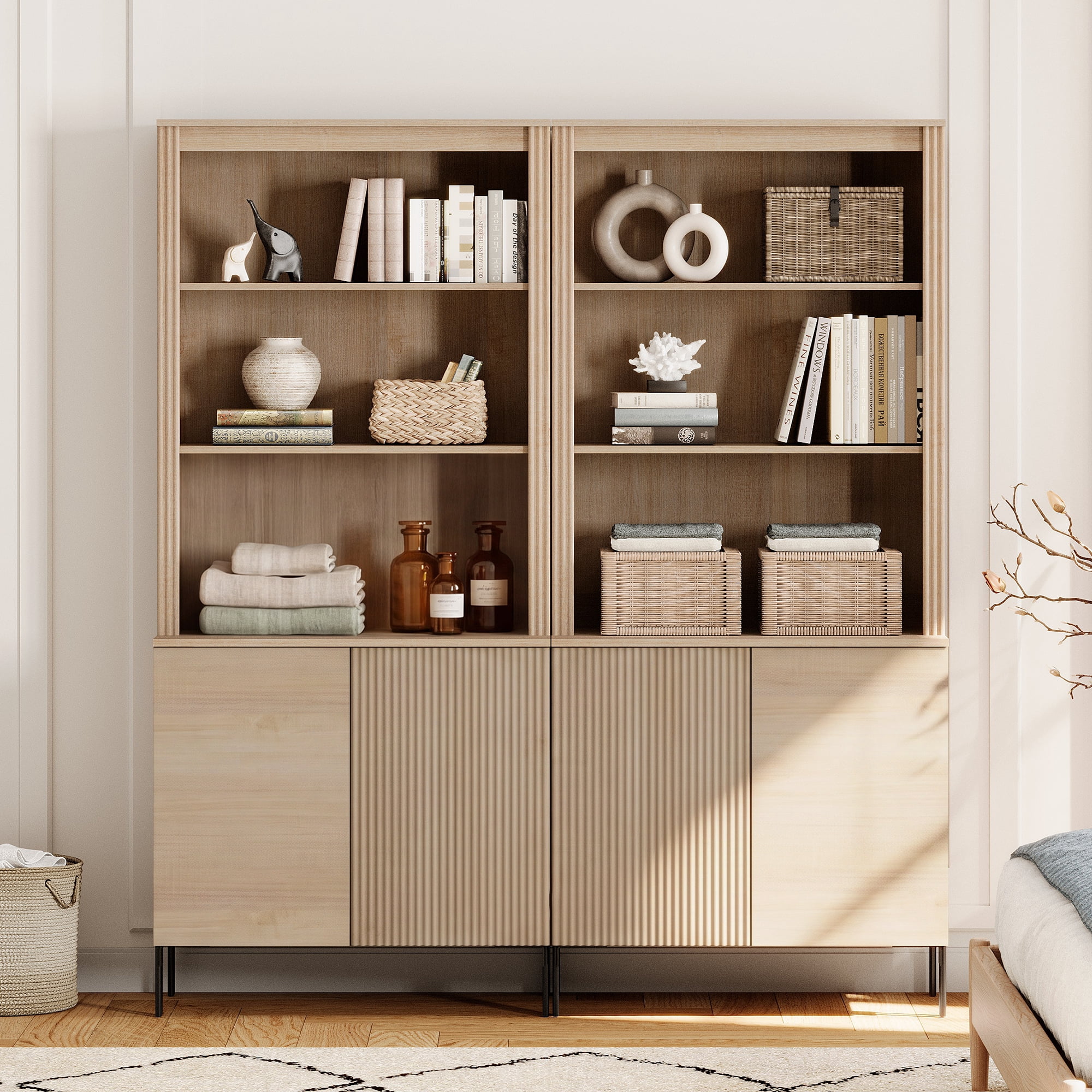 71.6"H X 60.4"W Set Of 2 Bookcase with Storage Cabinets, 10 Tier Bookshelf with Fluted Doors and Adjustable Shelves, Large Modern Display Cabinet For Living Room Bedroom Home Office Kitchen
