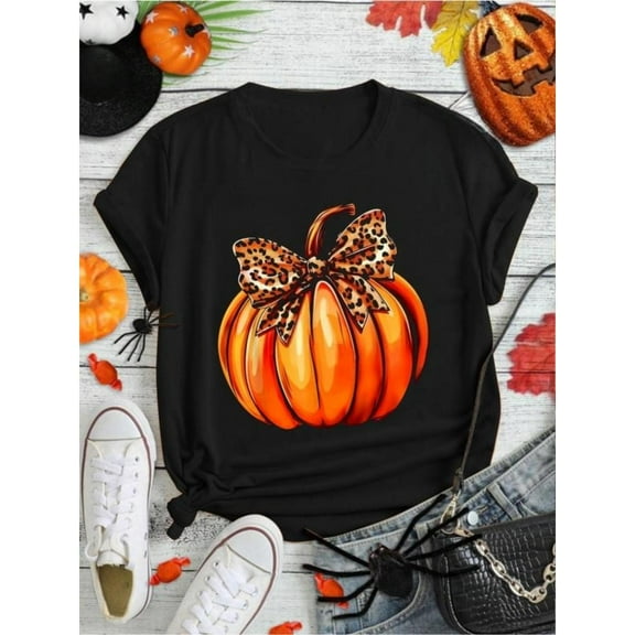 Commuting Womens Bow Leopard Pumpkin Graphic Tee Fall T Shirt Tops Short Sleeve Round Neck Black S-5XL