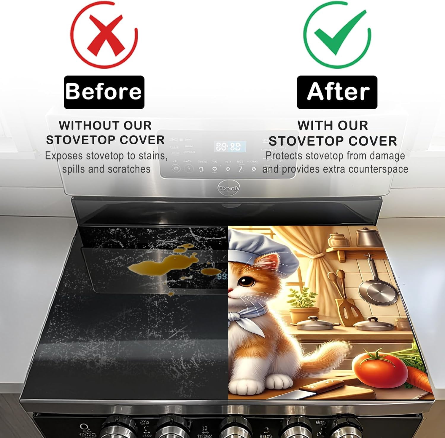 Stove Top Cover Chef Cat Design 20.47x28.34inch Polyester-Diatom Mud Blend Glass Stove Top Cover Protector for Kitchen Decor