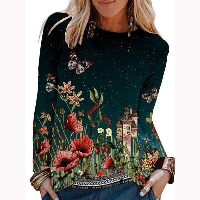 Women's Casual Round Neck Long Sleeve Printed Loose Shirt Blouse