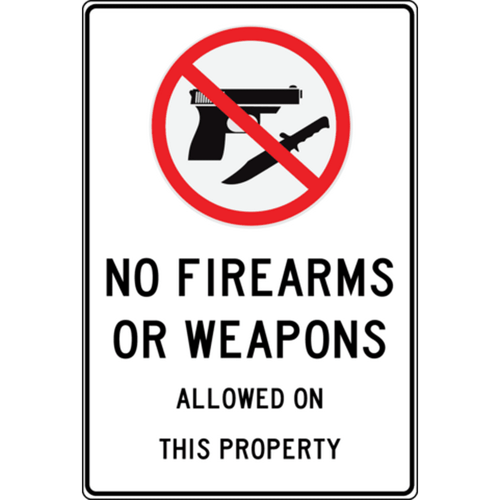 No Guns, Knives or Weapons Allowed sign. 7" x 10" commerical aluminum