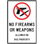 No Guns, Knives or Weapons Allowed sign.  7" x 10" commerical aluminum with pre-drilled holes