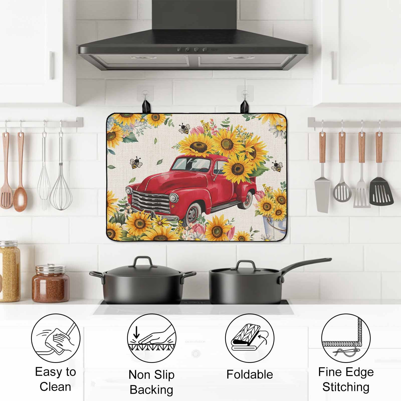 Spring Yellow Sunflowers Stove Top Cover for Electric Stove, Heat-proof & Non Slip Glass Top Stove Cover Protector, Farmhouse Car Bees Country Kitchen Flat Cooktop Rubber Mat 24x21 Inches