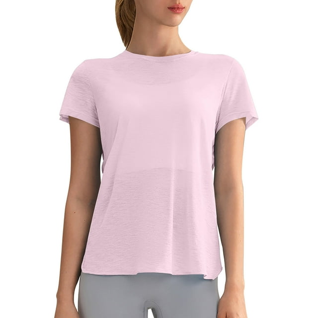 Camiseta holgada con corte en la espalda para mujer: cuello redondo, manga corta, poliéster, para yoga/deporte (tallas S-XL)
