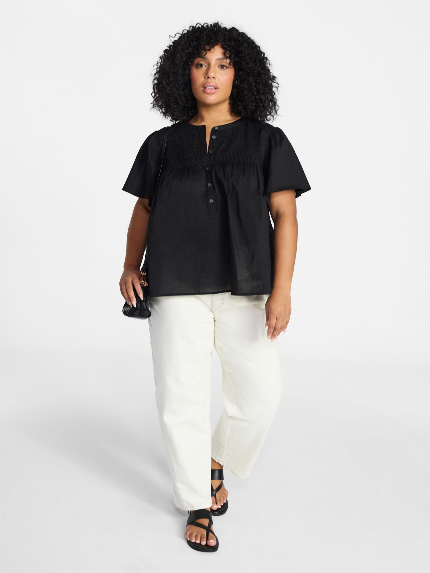 Terra & Sky Women’s Pleated Yoke Top with Short Flutter Sleeves, Sizes 0X-5X