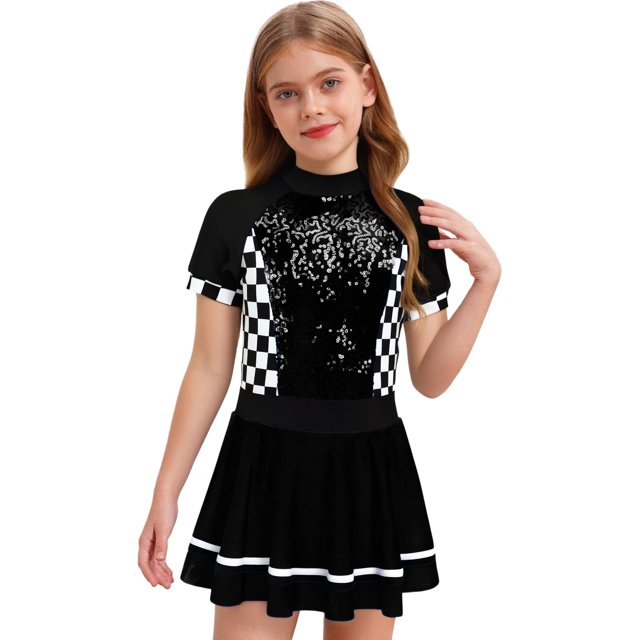 iiniim Kids Girls Racer Racing Driver Costumes Halloween Cosplay Party Dress Up Shiny Sequins Dance Dress Black 16