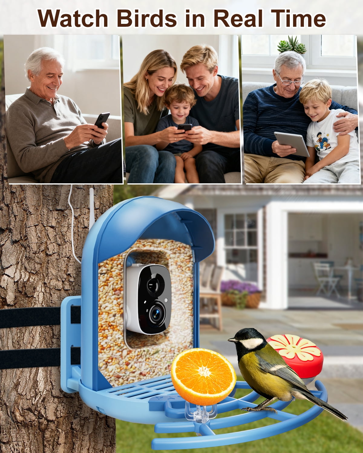 Bird Feeder with Camera, 2K HD Camera Birds Feeder with Bath Wireless Outdoor, Solar Powered Bird Watching with APP Control, Night Vision, Motion Detection Alerts, IP66 Birdfeeder for Backyard, Blue