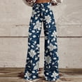 thumbnail image 2 of Women's Imitation Denim Wide Leg Pants Plus Size Floral Print Button Closure Pocket Zipper Casual Pants for Daily Wear (L, Blue), 2 of 6