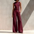 thumbnail image 2 of Szluipve 2 Piece Sets for Women Contrast Stitch 2 Piece Outfits Sleeveless Round Neck Crop Tank Top & High Waist Wide Leg Long Pants Elegant Casual Matching Set with Pockets Wine 2XL, 2 of 9
