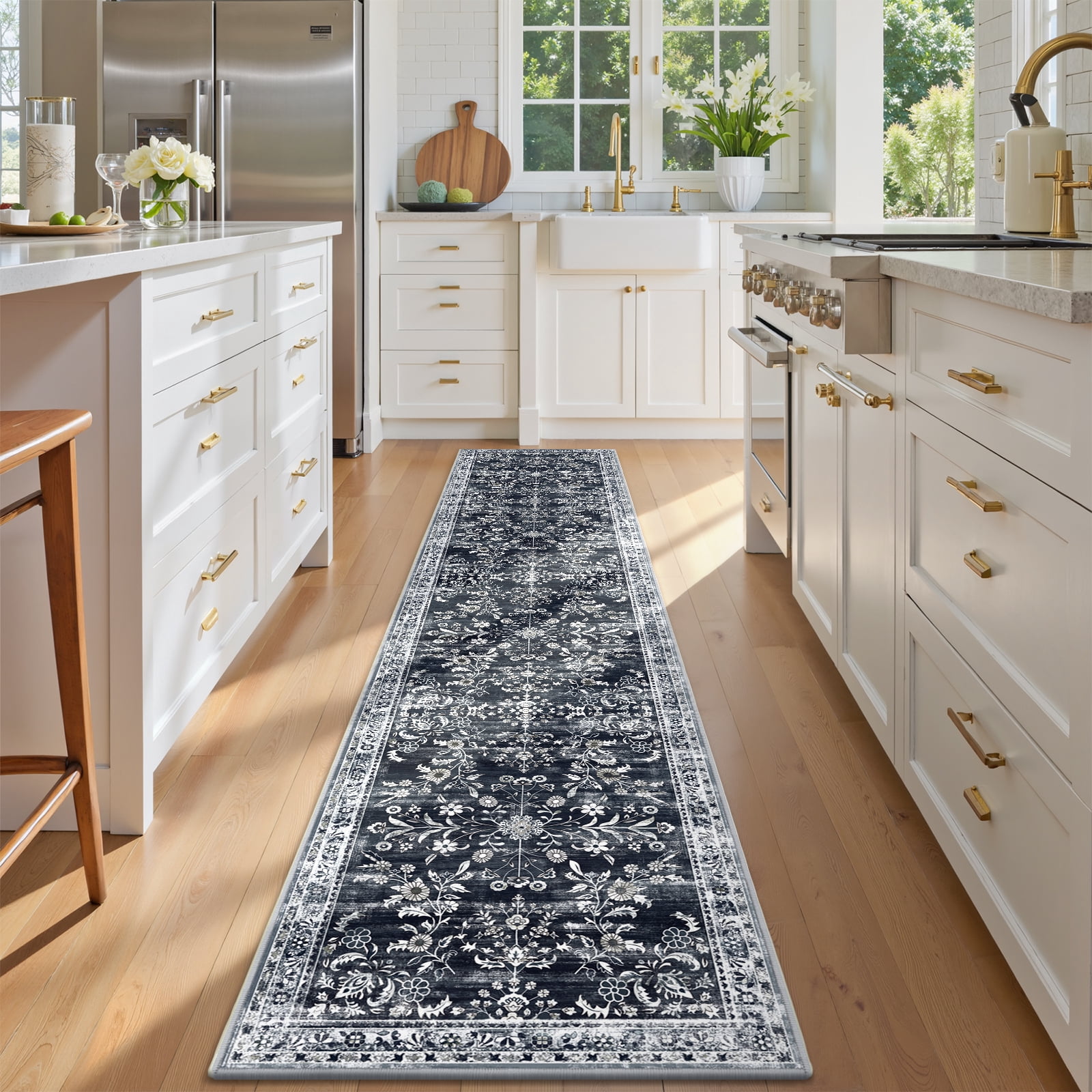 MJIAexp 2'x10' Boho Runner Rug,Non Slip Washable Floral Hallway Runner Rug with Rubber Backing, Low Pile Faux Wool Distressed Carpet for Kitchen, Laundry, Bedroom, Entrance,Black