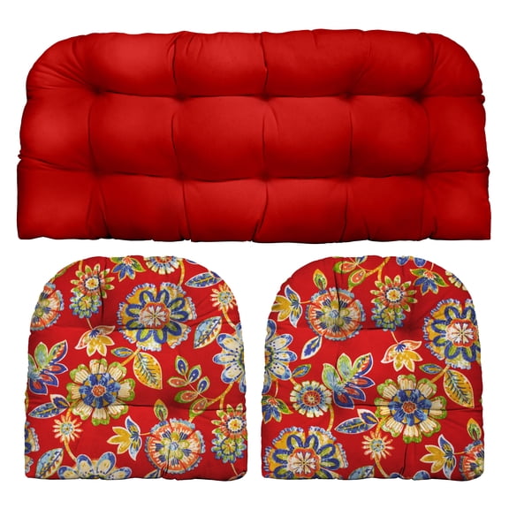 RSH Décor Indoor Outdoor 3 Piece Tufted Wicker Cushion Set, Standard, Red Daelyn Cherry