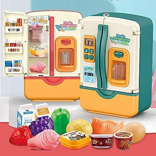Kitchen Toys Fridge Refrigerator with Ice Dispenser Pretend Play Appliance for Kids, Play Kitchen Set with Kitchen Playset Accessories for Boys & Gi