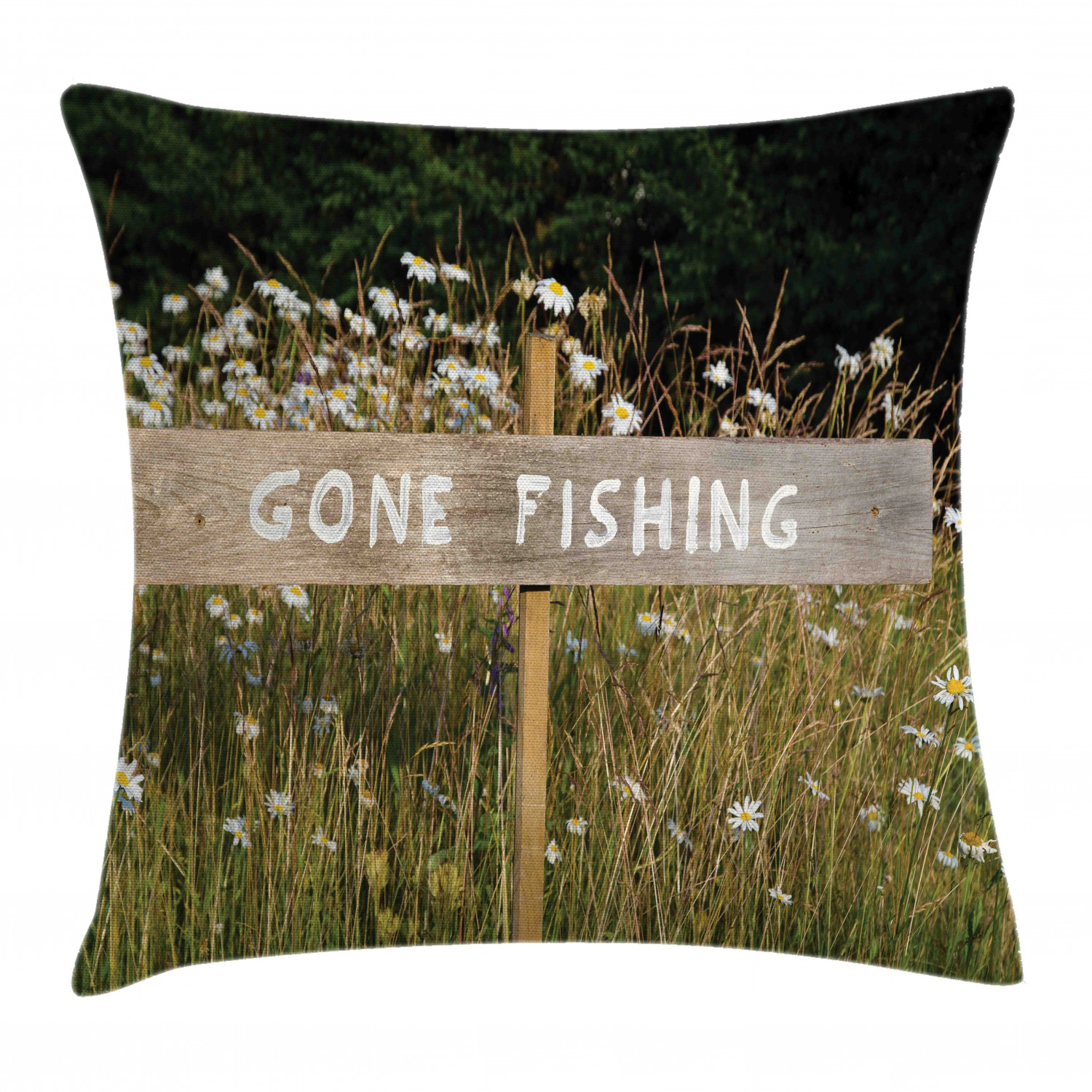 Gone Fishing Throw Pillow Cushion Cover, Sign on a Pole Among Summer Daisy Floral Field
