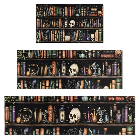 Black Halloween Skull Book Pattern Kitchen Rugs Sets Of 3,Kitchen Runner Rugs Non Skid Washable,Decorative Kitchen Floor Mats for Kitchen,Sink,Laundry,17"x30"  17"x47"   17"x59"