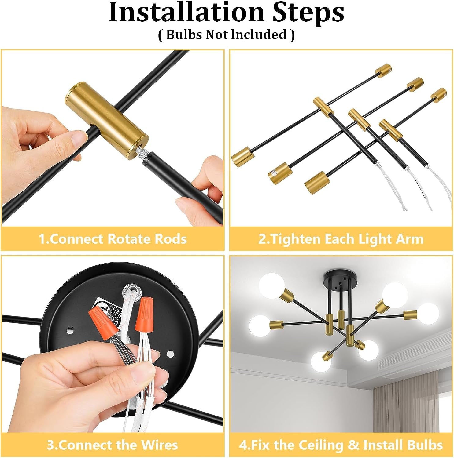 Neoglint 6-Lights Modern Mid Century Sputnik Chandelier, Semi Flush Mount Ceiling Light Fixture for Living Room Dining Room Kitchen Chandelier (Black Gold)