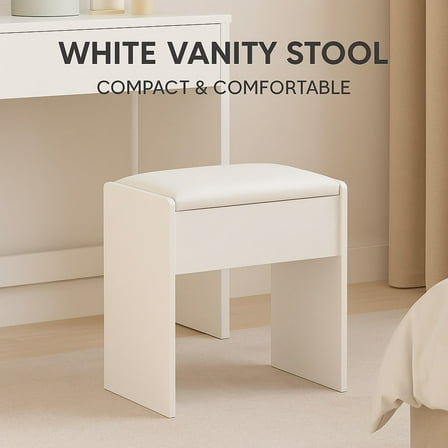 White Padded Vanity Stool • Compact Makeup Bench For Bedroom & Dorm