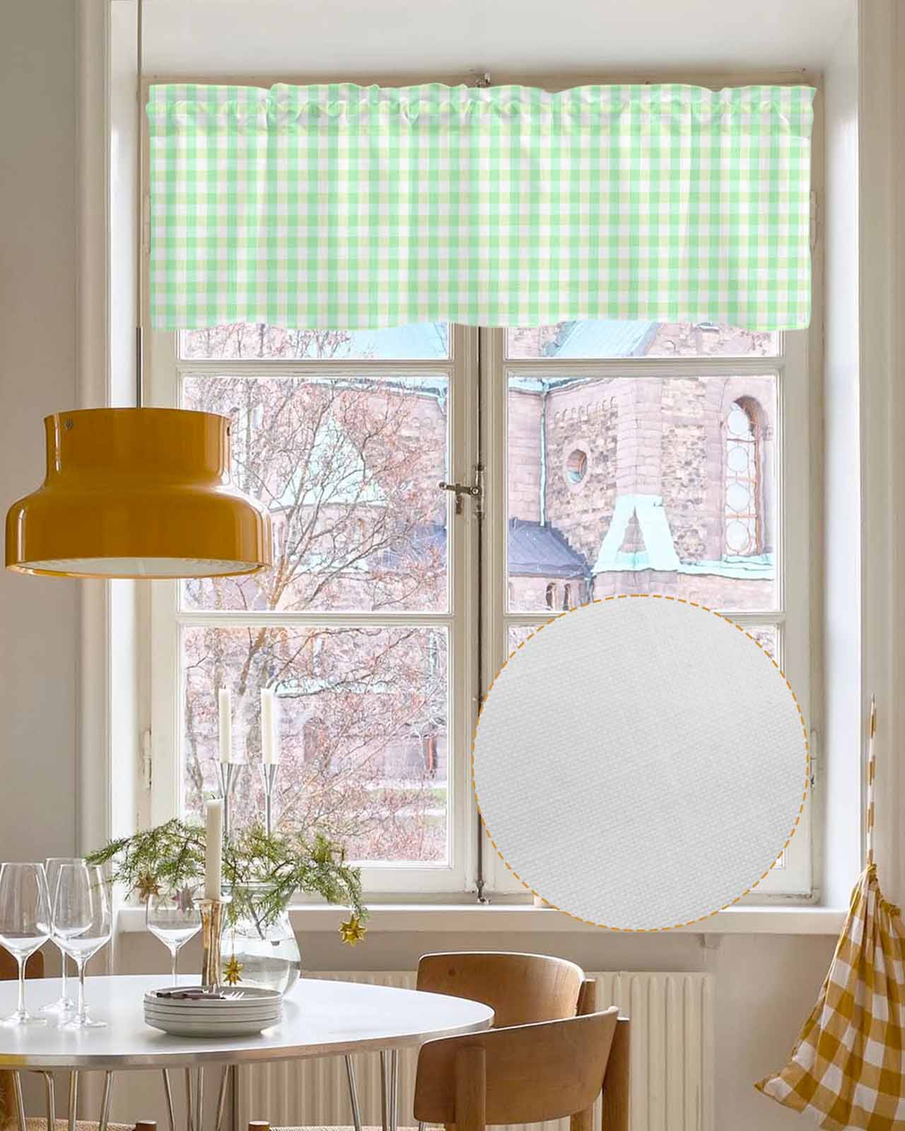 Green Grid Kitchen Valances for Windows Farmhouse Linen Window Valance Curtain for Living Room Window Treatment Checkered Plaid Gingham Lattice Trellis Print Valance Rod Pocket Topper, 60 x 18 Inch