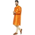 thumbnail image 3 of SKAVIJ Kurta Pajama Set for Men Jacquard Silk Embroidered Party Wear Dress Gold XL, 3 of 6