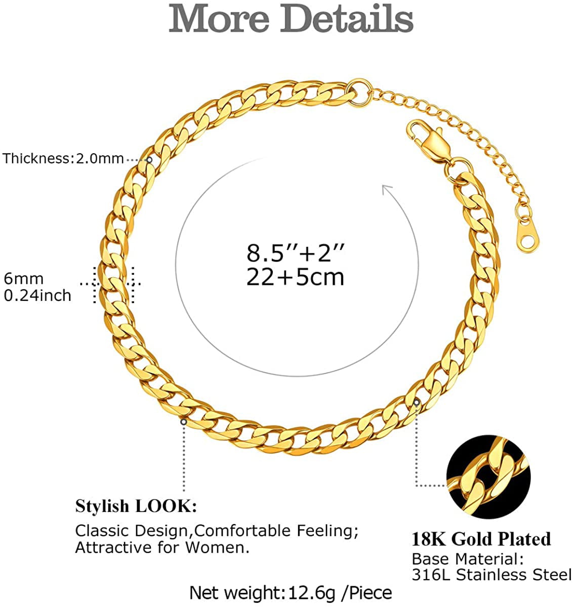 FOCALOOK Stainless Steel Gold 3mm/6mm Chain Anklet for Women Men Fashion Ankle Bracelet Figaro/Cuban/Twist/Rope Chain Foot Jewelry with Extension 