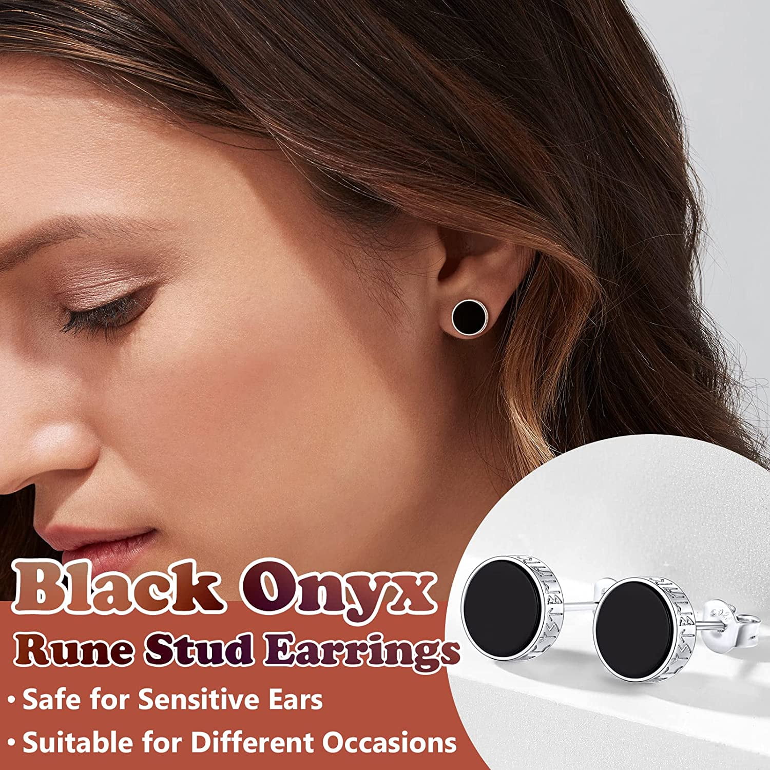 Silvora Earrings for Men 925 Sterling Silver Stud Earrings with 8MM Black Onyx Norse Viking Rune Jewelry Gift for Sensive Ears
