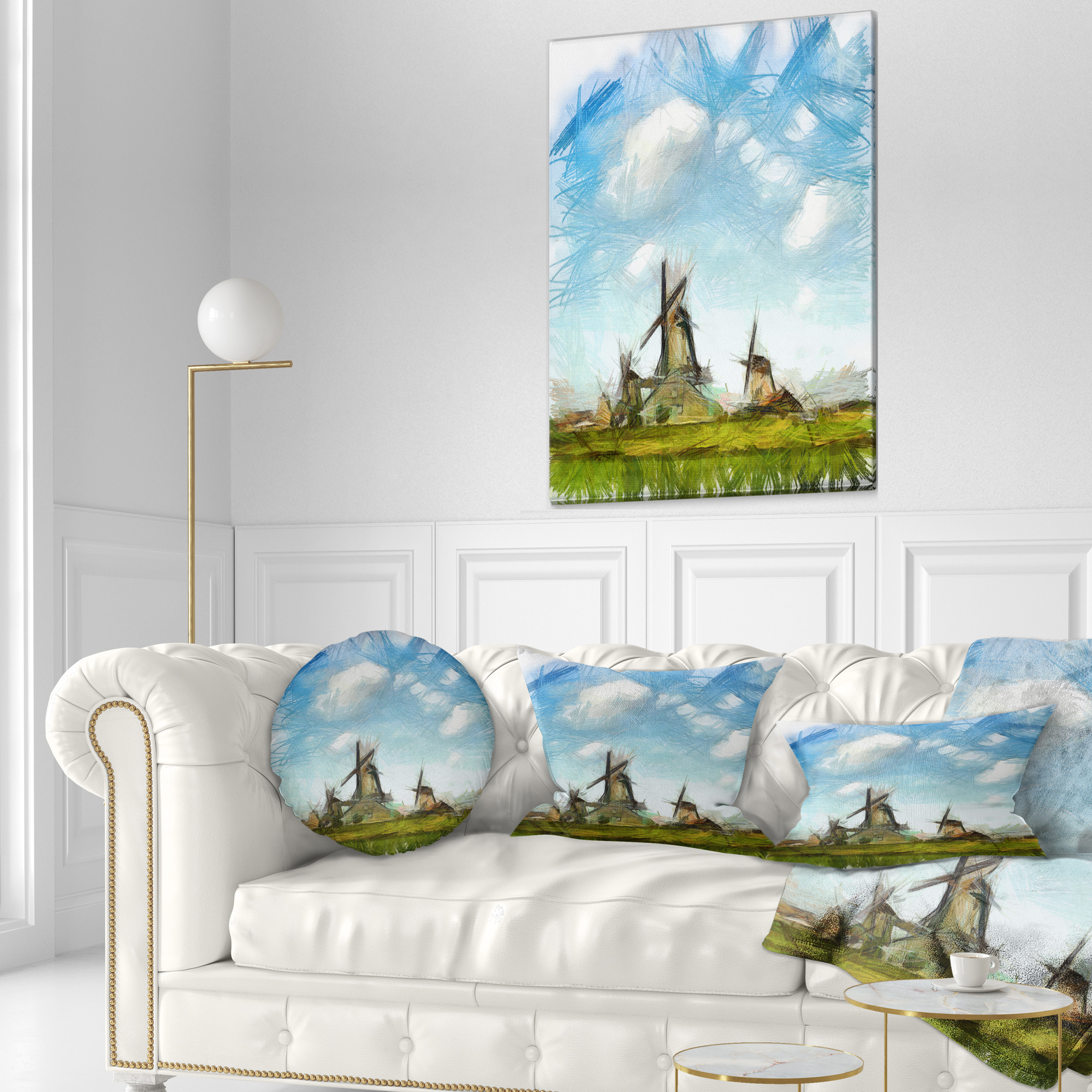 Designart Watercolor Windmill in Netherlands - Landscape Printed Throw Pillow - 12x20