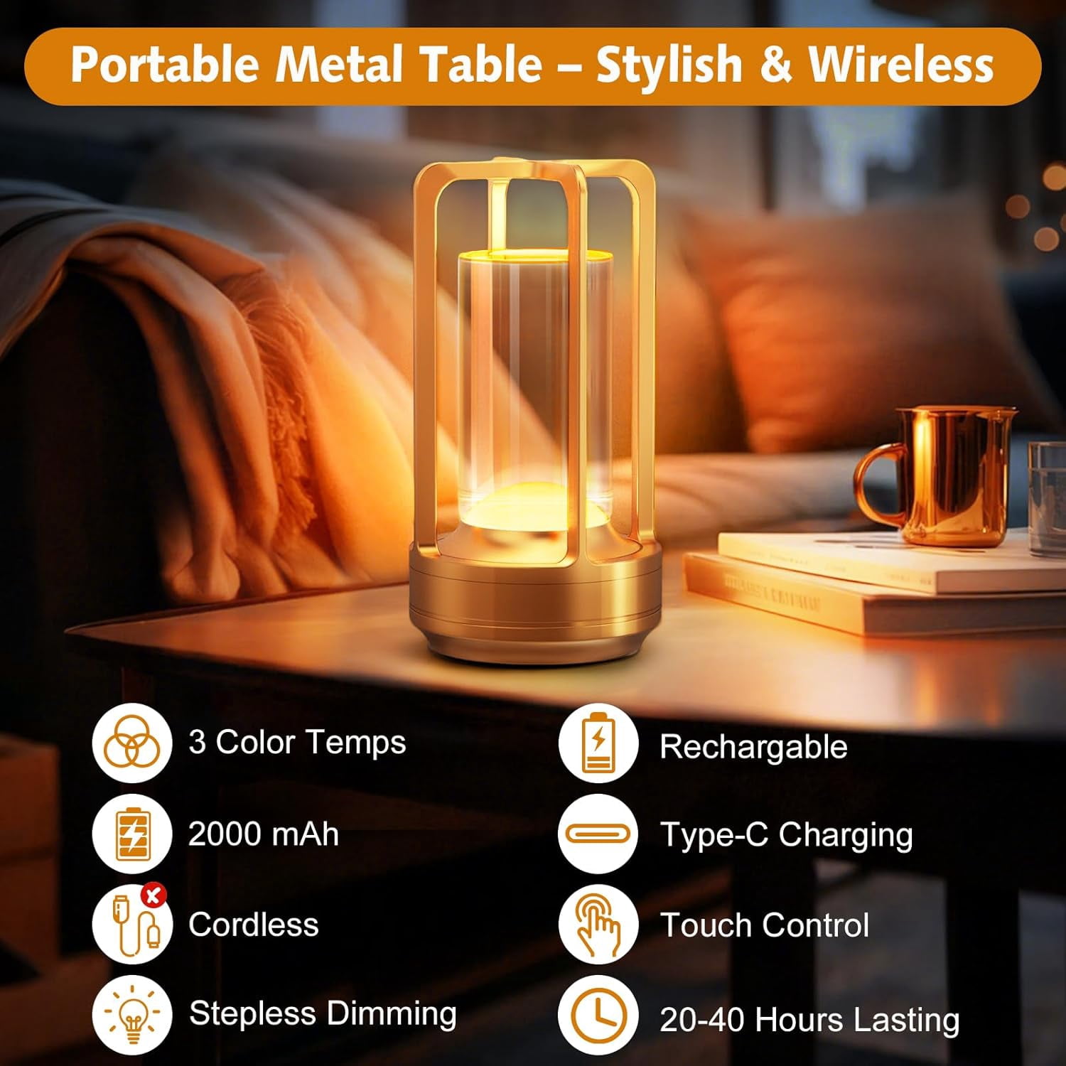 Portable Metal Table Lamp, 2000 mAh Rechargeable Outdoor Table Lamp Cordless, 3 Color Stepless Dimmable Atmosphere Table Lamps for Patio, Camping, Coffee table decor lamp for Indoor/Outdoor