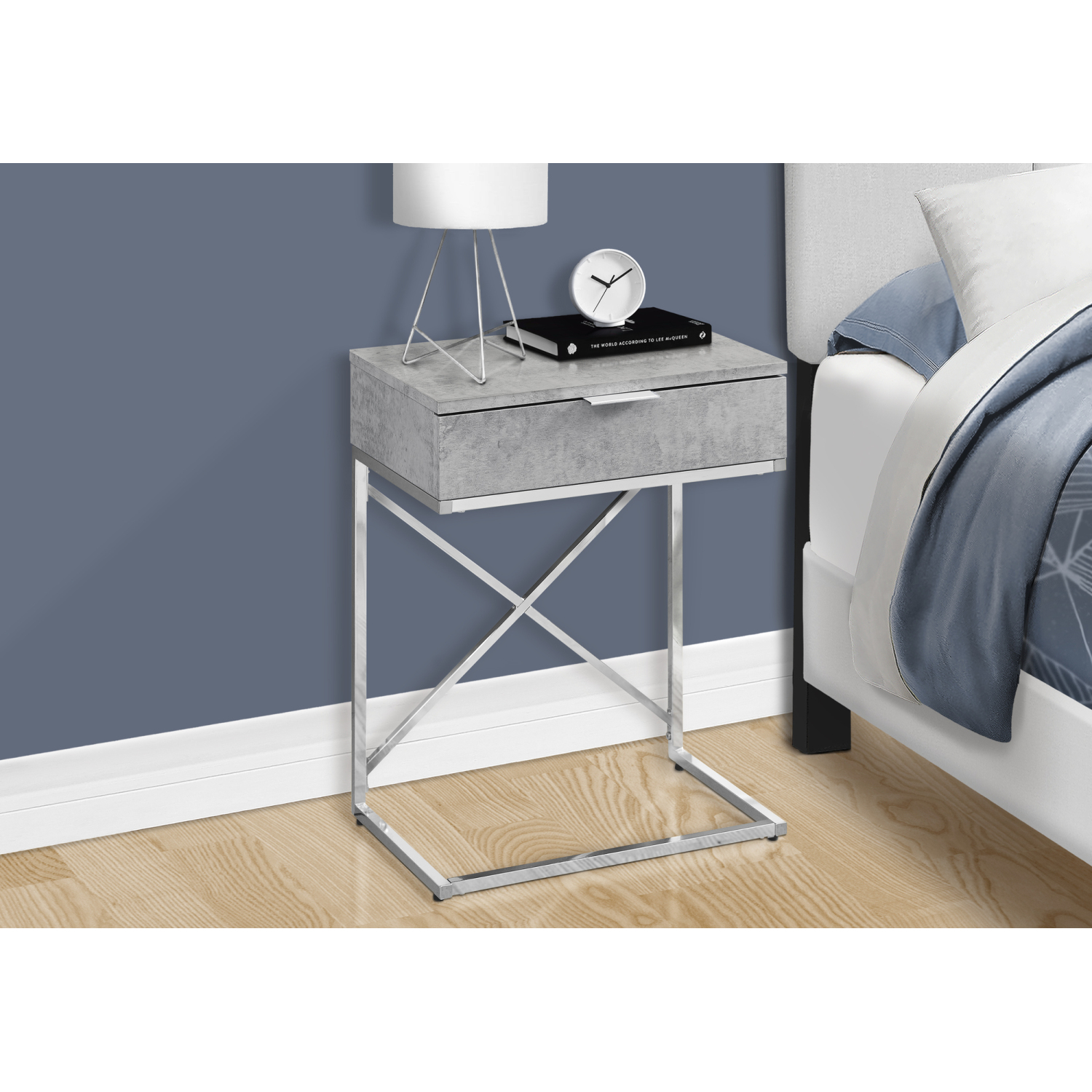 Modern Grey Storage Accent Table, Contemporary Side End Table with Drawer, Chrome Metal, for Living Room and Bedroom
