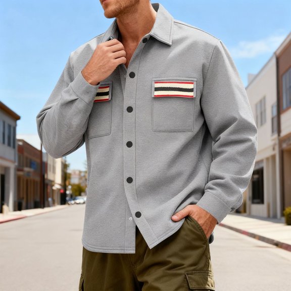 DayScoop Winter Outer Jacket for Men Fashion Outerwear Casual Workwear Contrasting Solid Color Pocket Turn Down Collar Button Fleece Long Sleeve Outwear Tops