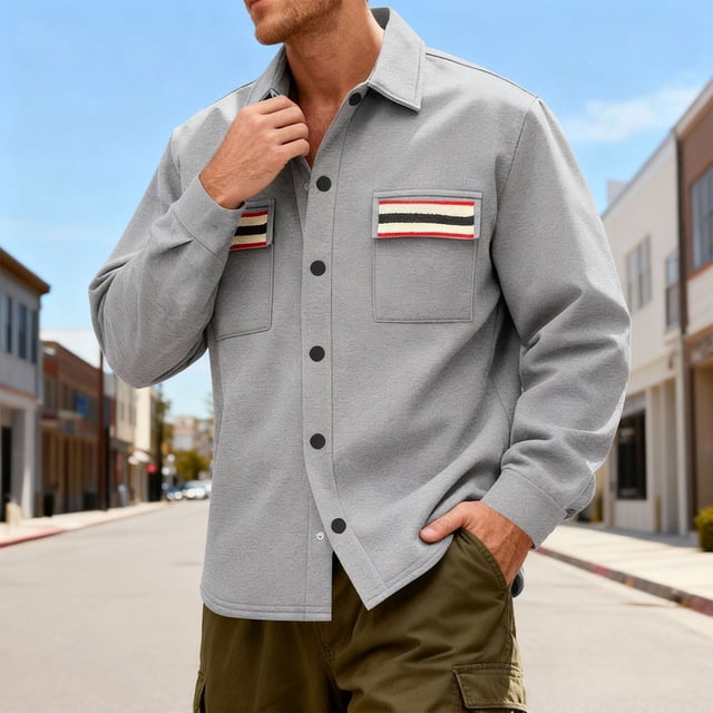 Veste de Travail Décontractée pour Hommes avec Poche Contrastante et Col Rabattu, Design en Polaire à Boutons, Manches Longues pour Usage Extérieur Décontracté, Tissu Polyester
