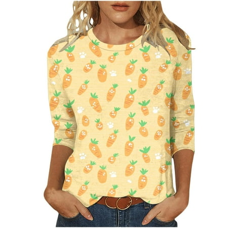 Easter Shirts for Women Funny Egg Graphic Tees 3/4 Length Sleeve Tops Cute Rabbit Bunny Pullovers Tunic Cotton Blouse