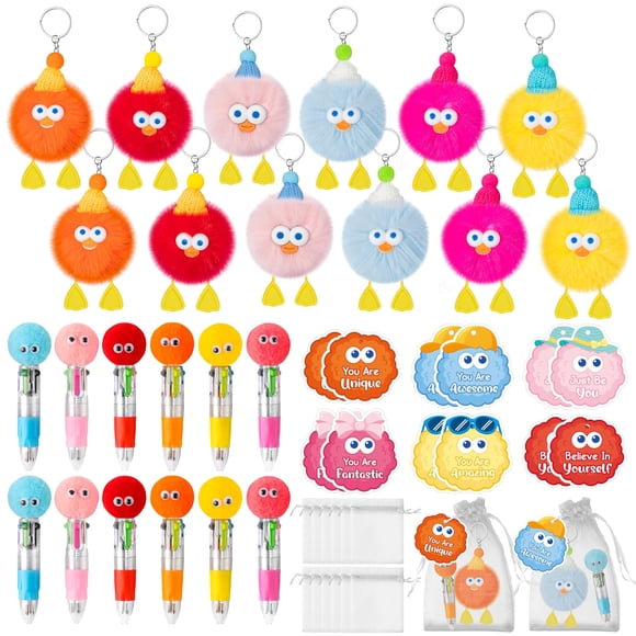 Set de 12 Plumas con Llavero Pom Pom Esponjoso TICIAGA