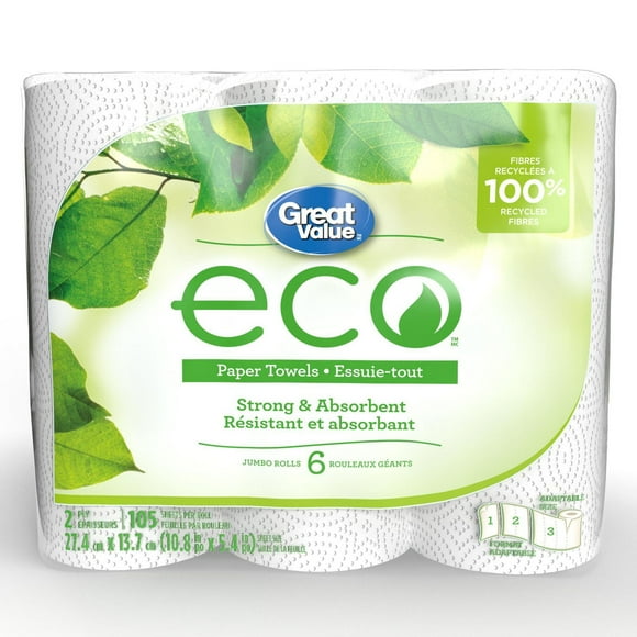 Great Value ECO Paper Towels, 6 Jumbo Rolls, 105 Sheets, 105 sheet adaptable size