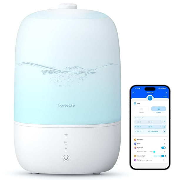 GoveeLife - Humidificadores inteligentes para recámara, humidificadores de niebla fría de relleno superior de 3 litros con difusor de aceite esencial, control de humedad, humidificador de aire WiFi