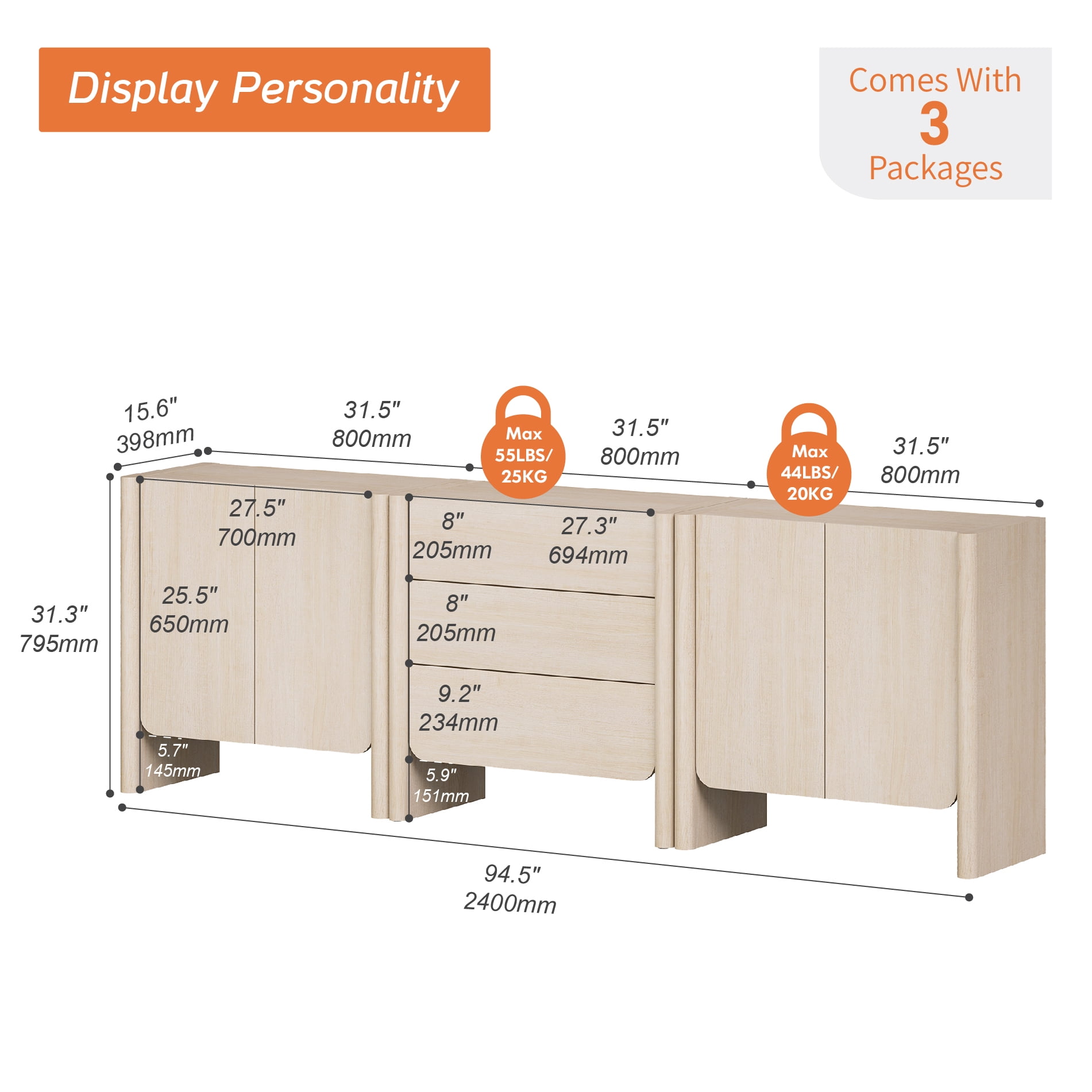 Modern French TV Stand, 94.5-Inch 3-Piece Media Console with 4 Doors and 3 Drawers, Supports TVs up to 105 Inches, Beige