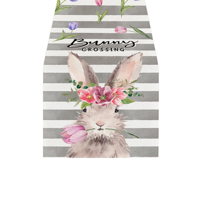 Dining Room Table Runner Easter Bunny Print 30x180cm Linen, Festive Holiday Decor for Large Dining Room Table, Coffee Bar and Mantel, Colorful Egg and Bunny Design for Spring