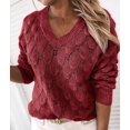 thumbnail image 5 of Women'S V Neck Hollowed Out Sweater Long Sleeve Knit Pullover Sweater Red L, 5 of 9