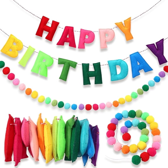 Reusable Pre Strung Birthday Decor with Natural Felt Banner and Ball Garland, Handmade Letters for Happy Birthday Party Sign and Photos