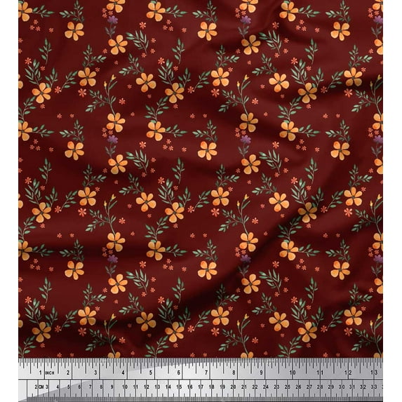 Soimoi Red Cotton Cambric Fabric Leaves & Periwinkle Floral Printed Fabric 1 Yard 42 Inch Wide