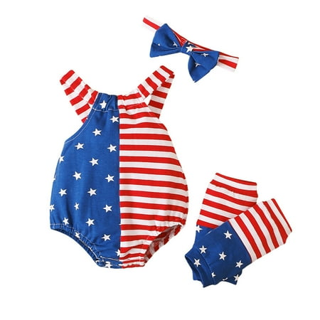 

VISgogo Baby Girls Three-Piece Layette Independence Day Star and Stripe Print Romper Headdress and Leg Warmers