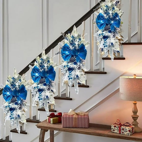 50cm Cordless Prelit Stairway Swag Trim, Artificial Christmas Teardrop Swag, Handmade Berry Pine Nut Wall WreathChristmas Garland with Pinecones Red Berries Bows Christmas Balls Candies, Multi-Functi