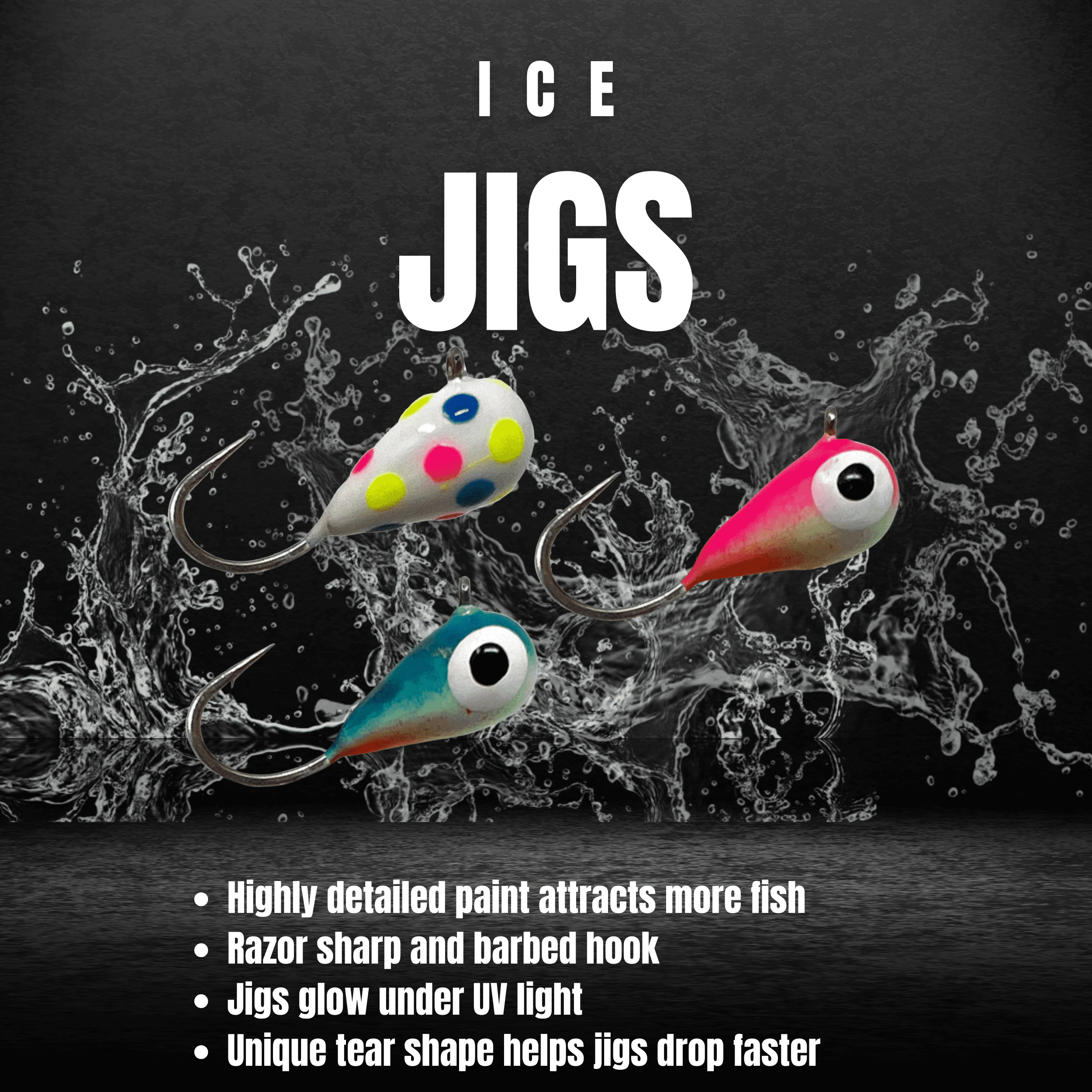 Reaction Tackle Tungsten Ice Jig 7mm - Wonder Glow Spots 6-pcs With Long Shank Hook