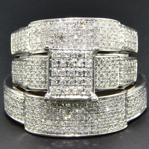 Bluebelljewels Brilliant Cubic Zirconia 14K White Gold Finish Wedding His & Her Trio Ring Set